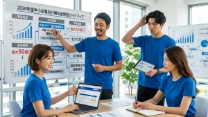 2026年度中小企業向け補助金制度ガイドマップを見ながら、青いTシャツを着た4人のチームがオフィスで議論している様子。ホワイトボードには事業規模や経営課題（DX推進、省力化投資など）に応じた補助金が示され、男性が指差し説明し、女性がラップトップで確認、別の男性が考え込み、もう一人の女性がメモを取っている。