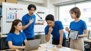 「防衛的賃上げ」のグラフを見て驚く男性と、ITによる「生産性向上」の解決策をタブレットで示す女性。2025年度の中小企業における賃上げの実態と課題を表したオフィス風景のアイキャッチ画像