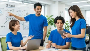 中小企業の人手不足対策として、チームで業務自動化や改善に取り組む様子を描写したアイキャッチ画像