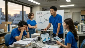 夕暮れのオフィスで、人手不足と採用難の課題について深刻な議論を行う4人のチーム。「DX」「自動化」と書かれたホワイトボードと「人手不足対策」のグラフが表示されたノートPCを前に、解決策を模索している様子。