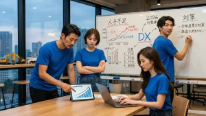 2026年の人手不足とDX対策について議論する、青いTシャツを着た4人のプロジェクトチーム。オフィスでホワイトボードのデータとタブレットの正社員不足率グラフを見ながら話し合っている。