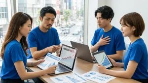 青いTシャツを着た4人の男女がオフィスでノートパソコンを囲み、「労務費転嫁率 44.7%」と表示されたグラフを指差しながら真剣な表情で議論している様子