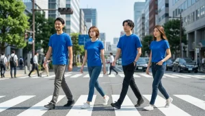 青いTシャツを着た4人のチームが自信を持って横断歩道を渡る様子。最低賃金1,500円時代の中小企業生存戦略を象徴するアイキャッチ画像