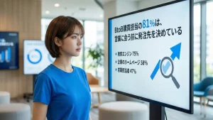 BtoB購買担当者の81%が営業に会う前に発注先を決めているという調査結果のグラフとデータを表示したスクリーンを見る女性。検索エンジンや企業ホームページが重要な情報源であることを示している。
