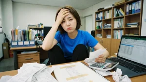 山積みの領収書、電卓、ノートパソコン、ノートが散乱するオフィスデスクで、頭を抱え、ストレスを感じた表情で領収書を手に持っている短髪の女性の写真