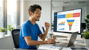 ガッツポーズする男性