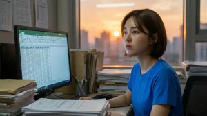 夕暮れのオフィスで、山積みの書類とExcel画面が表示されたPCの前で、物憂げな表情で遠くを見つめる女性社員。Excel管理の限界と属人化のリスクを象徴している。