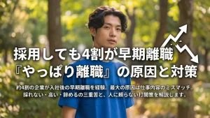 採用しても4割が早期離職｜「やっぱり離職」の原因と対策。仕事内容のミスマッチ、採れない・高い・辞める三重苦と人に頼らない打開策を解説するブログ記事のアイキャッチ画像。