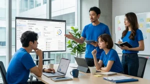 Google Workspaceのセキュリティダッシュボードを見ながら会議室で議論する4人のビジネスチーム