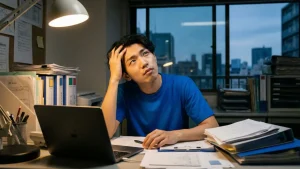 夜のオフィスで山積みの書類とノートパソコンを前に、業務改善のアイデアが出ず頭を抱えて考え込む青いTシャツの男性