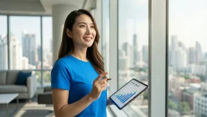 高層ビルの明るいオフィスで、青いTシャツを着た女性が笑顔で窓の外の都市風景を指差している。彼女は左手に業務効率化による成長を示すグラフが表示されたタブレットを持っており、中小企業のDX推進と未来への展望を象徴している。