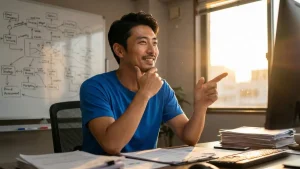 業務効率化の解決策を見出し、夕暮れのオフィスで書類が山積みされたデスクから笑顔でパソコン画面を指差す男性経営者。課題を乗り越え、成果を実感している様子。