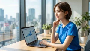 業務効率化によって右肩上がりの成長を示しているノートパソコンのグラフを見ながら、自信に満ちた穏やかな笑顔で窓の外の都市風景を見つめる、青いTシャツを着た女性。中小企業がIT化で成果を出し、未来への展望が開けた様子を表現したアイキャッチ画像。
