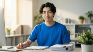 青いTシャツを着た男性が、整理されたオフィスのデスクで書類の束を前に微笑んでいるアイキャッチ画像。中小企業における事務作業の効率化と「小さな改善」への前向きな取り組みを表現している。