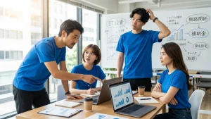 IT投資、販路開拓、補助金の申請戦略について真剣に議論する、青いTシャツを着た4人のビジネスチーム。ノートパソコンのデータを指し示す男性と、メモを取る女性、頭を抱える男性、腕組みをして聞く女性の様子。背景のホワイトボードには関連する図や文字が書かれている