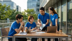 お揃いの青いTシャツを着た4人のビジネスパーソンが、オフィスビルの屋外テラスでテーブルを囲み、タブレット端末に表示されたグラフのデータを指差しながら熱心に打ち合わせをしている様子