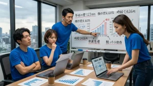 ホワイトボードに書かれた「年収の壁123万円」「働き控え60%」「倒産急増」「脱・パート依存」という深刻なキーワードを前に、真剣な表情で議論している4人のビジネスパーソン。男性がグラフを指差して説明している