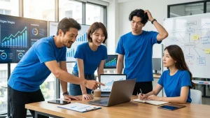 オフィスでノートパソコンを囲み、賃金上昇や生産性のデータを確認している4人のチームメンバー。背景のモニターには「Wages（賃金）」「Productivity（生産性）」のグラフが表示されており、前向きかつ活発に戦略を練っている様子