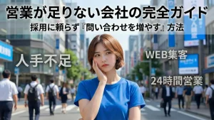 営業が足りない会社の完全ガイド：採用に頼らず「問い合わせを増やす」方法。人手不足の悩みをWEB集客と24時間営業の仕組み化で解決するイメージ画像