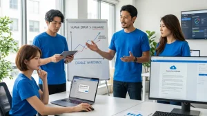 Google Workspaceを活用してヒューマンエラー（HUMAN ERROR > MALWARE）によるセキュリティリスクへの対策を議論する、オフィスでのチームミーティングの様子。メンバーは誤送信防止のポップアップや、セキュアなクラウドストレージの画面を確認している。