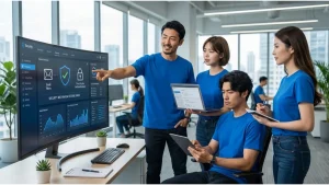 企業のセキュリティ対策について、オフィスでダッシュボードを見ながら議論するチームの様子。情報セキュリティ強化の取り組み。