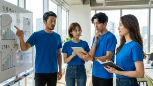 「生産性向上」「IT導入」「自動化」「2026年」と書かれたホワイトボードを指差し、賃上げ倒産を防ぐための対策を話し合っている男女のグループ。タブレットやノートを手に持ち、真剣に計画を検討している