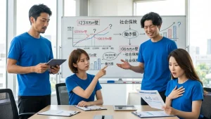 「106万円の壁」「123万円の壁」「社会保険」「働き損」と書かれた複雑な図解を前に、制度の分かりにくさや手取り減少への懸念について困惑し、議論している4人の様子