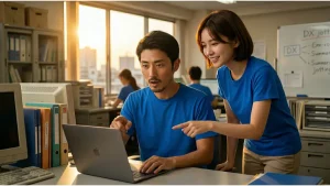夕暮れのオフィスで、青いTシャツを着た男性と女性がデスクに座り、ノートパソコンの画面を指差して共同作業をしている様子。男性は驚いた表情で画面を指差し、女性は笑顔で同じ場所を指差している。デスクの上にはファイルやキーボードがあり、背景のホワイトボードには「DX jottings」と書かれている。
