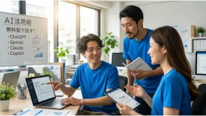 明るいオフィスで、青いTシャツを着た3人の同僚が、ノートパソコンとタブレット、ノートを使ってAIツールの活用について話し合っている様子。背景のホワイトボードには「AI活用術」と「無料で試す!」と書かれ、ChatGPT、Gemini、Claude、Copilotの名前が挙げられている。男性の一人はノートパソコン（ChatGPT画面）を指さし、女性はタブレット（Copilot）を持ち、もう一人の男性は「Gemini」のノートを持っている。