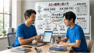 モダンなオフィスで、青いTシャツを着た2人の男性（ITコンサルタントと中小企業の経営者）が、タブレット画面を指差しながらAIの活用方法を相談している。背景のホワイトボードには、特化型・汎用型、生成・認識・予測、費用比較表などの複雑なAIの分類図、『中小企業が今すぐ使えるAI：ChatGPT』の文字とイラストが描かれている。明るく、協力的で前向きな雰囲気