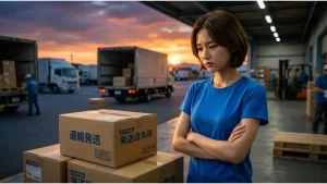 物流 2024年問題施行1年後の実際の影響。夕暮れの物流倉庫で、腕を組んで真剣な表情でトラックとダンボール箱を見つめる女性。ドライバーの時間外労働規制（年960時間）による輸送力不足の現状と、運送会社からの「運送拒否」の増加（15.7%）。中小企業の経営者が知るべき物流問題。