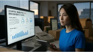 物流の2030年問題と対策に関するブログ記事のアイキャッチ画像です。青いTシャツを着た女性が、オフィスでタブレットを手に持ち、モニターに映るデータグラフと「2030年予測：輸送能力不足 34.1% 荷物の3割が届かなくなる前に」というテキストを見つめています。背景には段ボールが積まれています