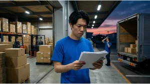 物流人手不足によりドライバー不足が深刻化する中、倉庫で荷待ち時間の改善やコスト上昇に悩む荷主企業の男性担当者。