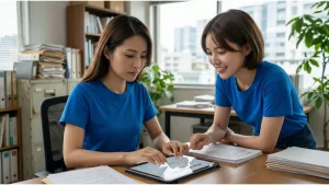 青いTシャツを着た2人の女性が、オフィスのデスクでタブレットを使い業務のマニュアル化を進めている。