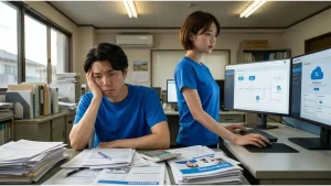 日本の中小企業オフィス。デスクに積み上がった「RECRUITING」書類と請求書の山を前に頭を抱える男性社員（採用コスト負担）と、マルチモニターでクラウドシステム（仕組み）を活用し効率的に働く女性社員の対比。離職率の高い中小企業における採用ROI崩壊とIT化への投資転換を視覚化