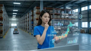 巨大倉庫内で、近未来的な透明ホログラフィックディスプレイを用いて日本の深刻な人材不足問題をデータ分析する日本人女性。ディスプレイには、宿泊・飲食業の高い離職率（64.7%）、物流業の深刻な不足数（14万人・25万人）、介護業の不足（25万人）といった具体的なデータが日本地図と共に視覚化されている。彼女は顎に手を当てて思案しており、背景には無人の倉庫棚とAGV（自動搬送車）が見える。人手不足対策、離職率の現状、物流DX、介護人材不足、働き方改革に関する画像