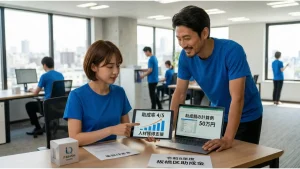 東京都板橋区のオフィスで、青いTシャツを着た二人の従業員が、「令和8年度 板橋区助成金」の人材獲得支援（助成率4/5）の計算例を、タブレットとノートパソコンで確認している。