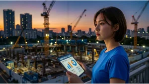 夕暮れ時の建設現場を見晴らす高台に立ち、真剣な表情でタブレットを持つ青いTシャツ姿のアジア系女性。タブレット画面には「建設業人手不足データ2026」に関するグラフが表示されている。クレーンや夕日に染まる空、都市のスカイラインを背景にした、問題解決の決意を感じさせるシネマティックな16:9のアイキャッチ画像。