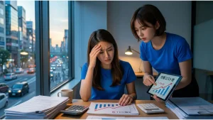 夕暮れのオフィスで、2人の女性がコスト増加について話し合っている。1人はデスクで頭を抱え、もう1人は「労働コスト増」と書かれたグラフを表示したタブレットを指している。