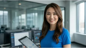 モダンなオフィスで、データダッシュボードが表示されたタブレットを手に持ち、自信に満ちた笑顔でカメラを見つめる日本人ビジネスウーマン。