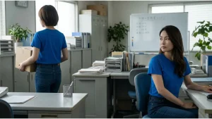中小企業のオフィスで、去っていくショートヘアの女性社員（後ろ姿、段ボールを抱えている）を見送る、デスクに座るロングヘアの女性社員（思索的な表情）。雑然とした日本のオフィス環境と、静かな離職の瞬間を捉えた写実的な写真