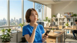 スマートフォンを手にオフィスでアイデアを思いつくショートヘアの働く女性。頭上の電球アイコンがビジネスのひらめきや創造性を表現している。観葉植物と都市のパノラマビュー