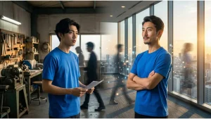 2026年春闘での大企業と中小企業の賃上げ格差を視覚化した画像。左側の伝統的な工房に立つ憂いを含んだ男性（中小企業代表）と、右側の近代的な高層オフィスに立つ自信に満ちた男性（大企業代表）が対比され、中央の境界線から人材を吸い上げる光のエフェクトが描かれている。