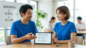 明るいオフィスで青Tシャツの男女が協力して業務標準化に取り組むシーン。男性がタブレットを指差し、女性と笑顔で話している。背景のホワイトボードには「業務標準化→効率化→安心感」のフロー。タブレットには「Step 1: Document, Step 2: Train, Step 3: Rotate」という具体的なスキル継承と属人化解消の手順が表示されており、チーム全体での円滑な業務遂行と再現性を体現している。