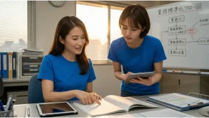 中小企業のオフィスで、青Tシャツを着用した日本人女性2人が協力して業務マニュアルを確認している。長髪のベテラン社員が短髪の若手社員に教える姿。夕日のライティングと背景の「業務標準化フロー図」が、属人化解消と業務継承の実践を表現