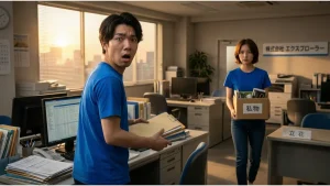 「属人化リスクが表面化した瞬間。キーマンの退職で、大量の書類を抱え愕然とする男性社員。夕方のオフィス。」