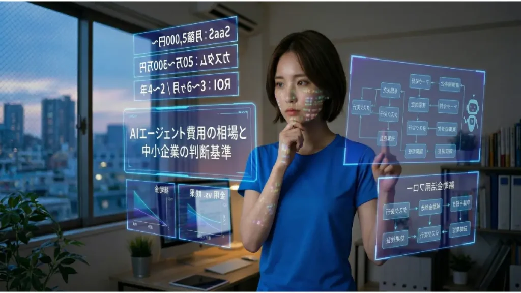 AIエージェントの費用相場と導入判断基準について真剣に検討する中小企業の女性。彼女の周りには、SaaS費用、カスタム開発費用、ROI回収期間、補助金活用フローを示すホログラフィック・ディスプレイが浮かび上がっている